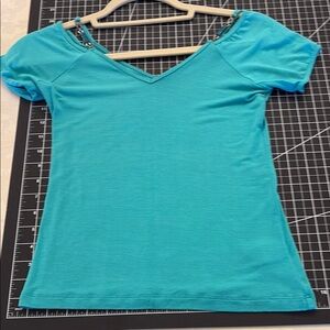 V-Neck Cap Sleeve Fitted Blue T-Shirt